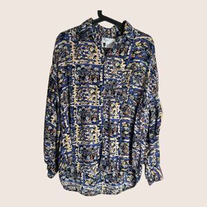 🧿 VTG 80s GOOUCH BUTTON UP BLOUSE TOP RAYON MAGIC EYE BLUE PRINT MEDIUM